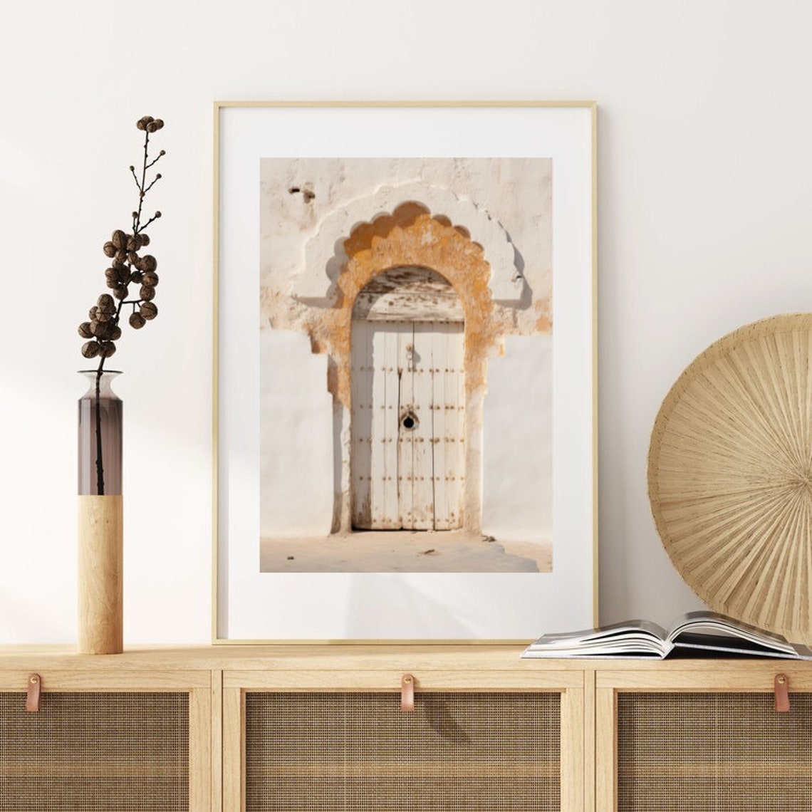 White Moroccan Door Ochre Stucco Arch Minimalist Travel Art Print - Image 4