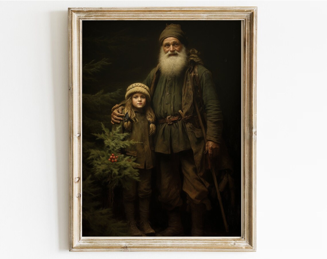 Father Christmas Little Girl Winter Forest Moody Painting Art Print