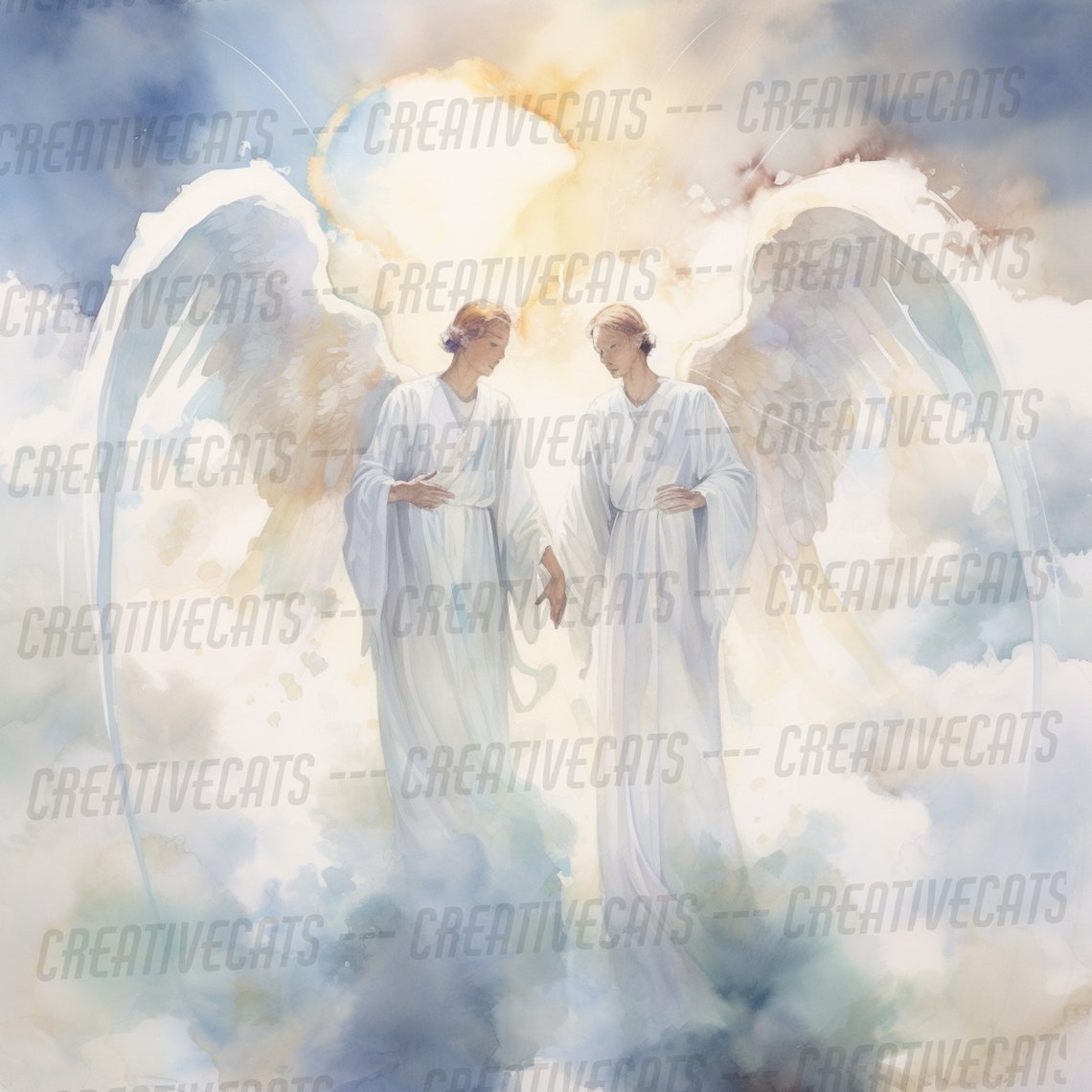 Two Angels In Clouds Watercolor Heavenly Spiritual Religious Art Print - Image 4