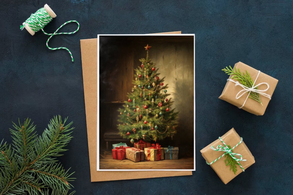 Vintage Christmas Tree With Gifts Ornaments Oil Painting Poster - Image 4