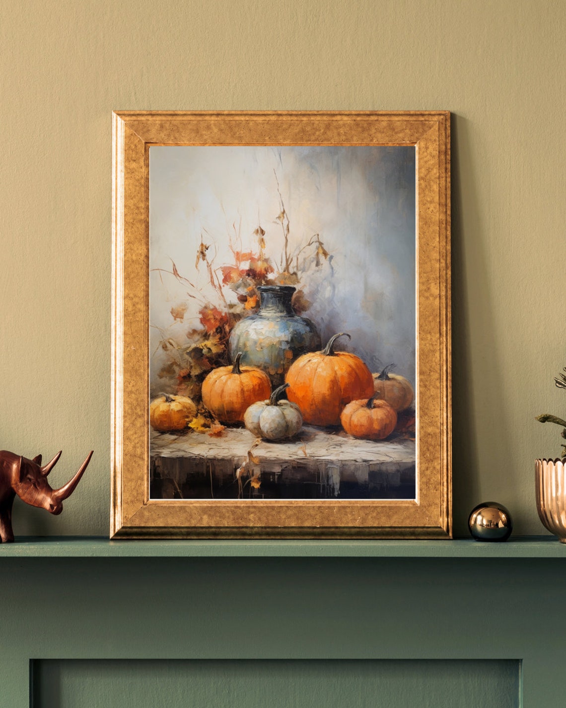 Pumpkins And Blue Vase Autumn Still Life Muted Neutral Harvest Poster - Image 5