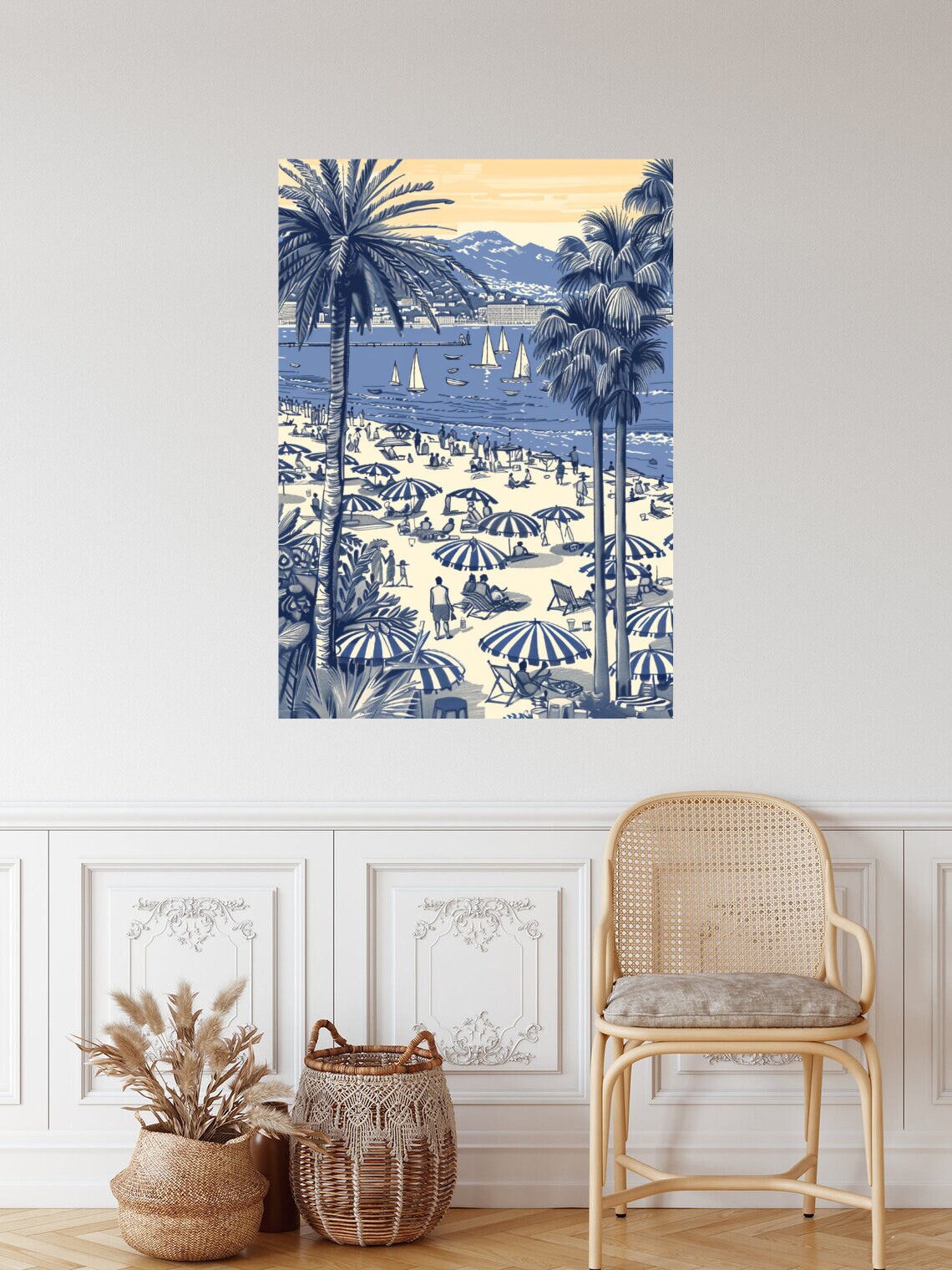 Blue Tone French Riviera Beach Palms Sailboats Coastal Scene Poster - Image 4