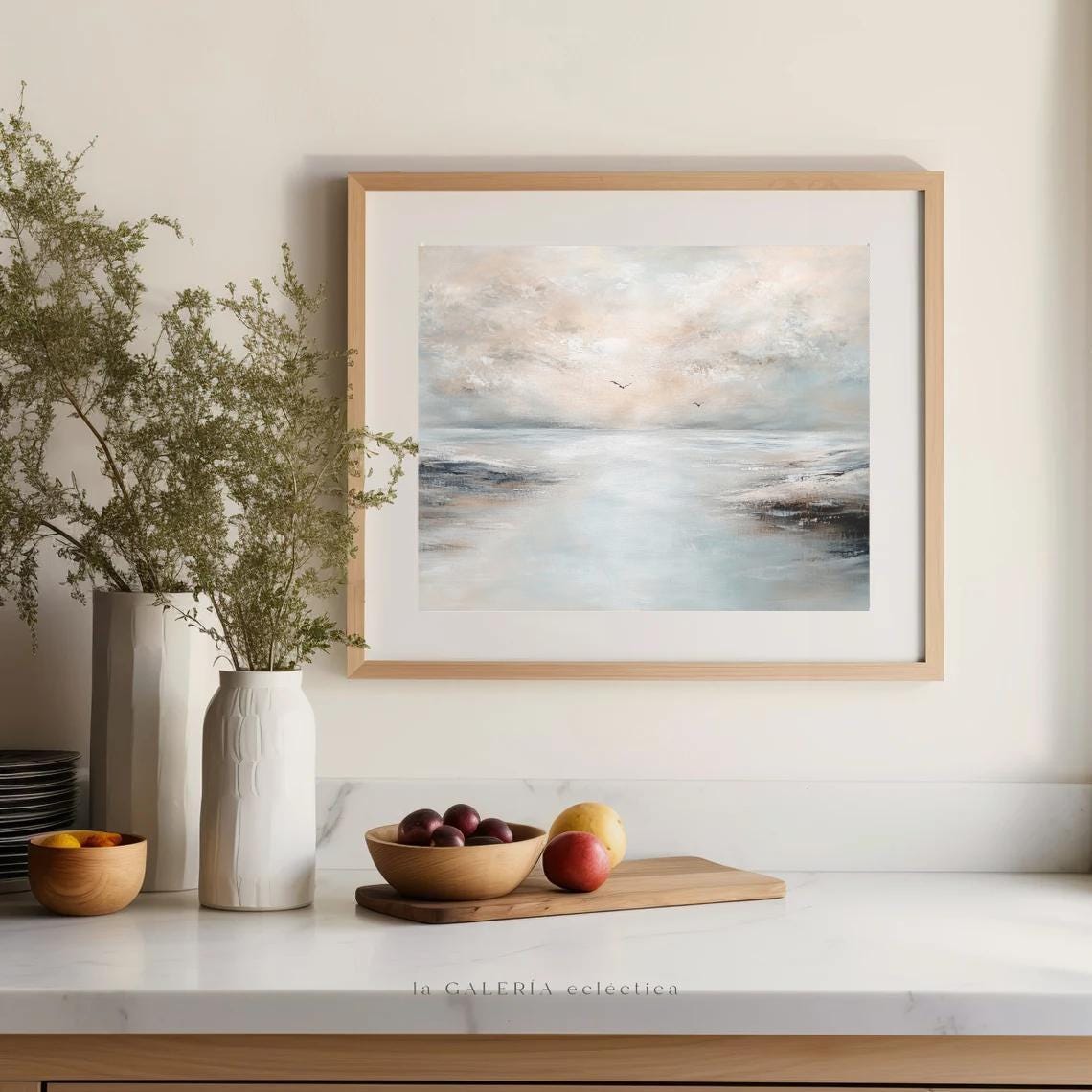 Neutral Antique Misty Seascape Painting Seagulls Vintage Art Print - Image 2
