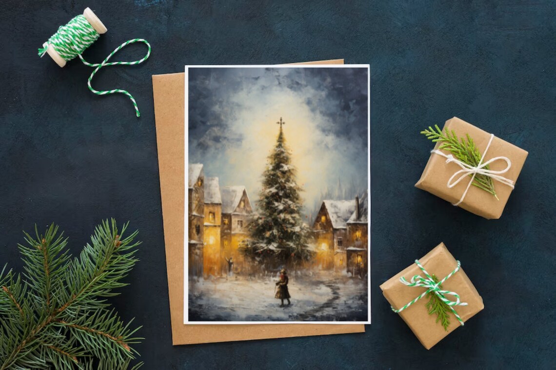 Village Square Christmas Tree Snowy Night Oil Painting Poster - Image 4