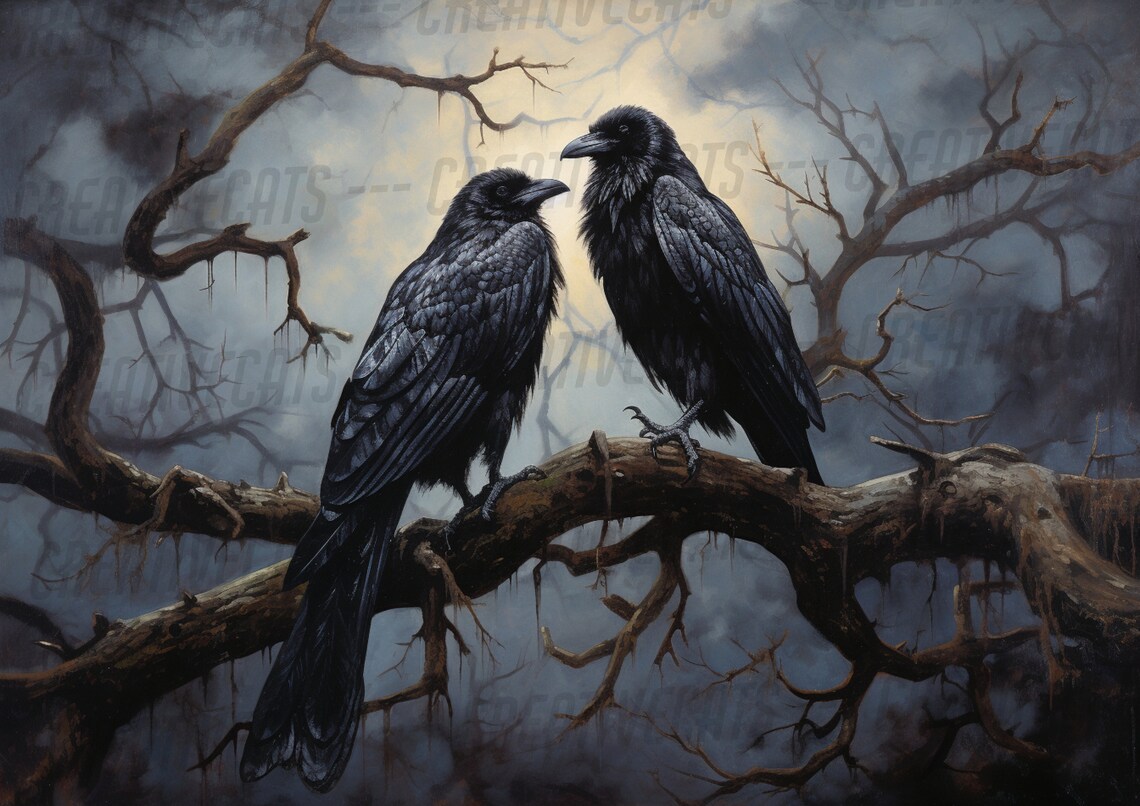 Two Black Ravens On Branch Moody Midnight Oil Painting Halloween Poster - Image 2