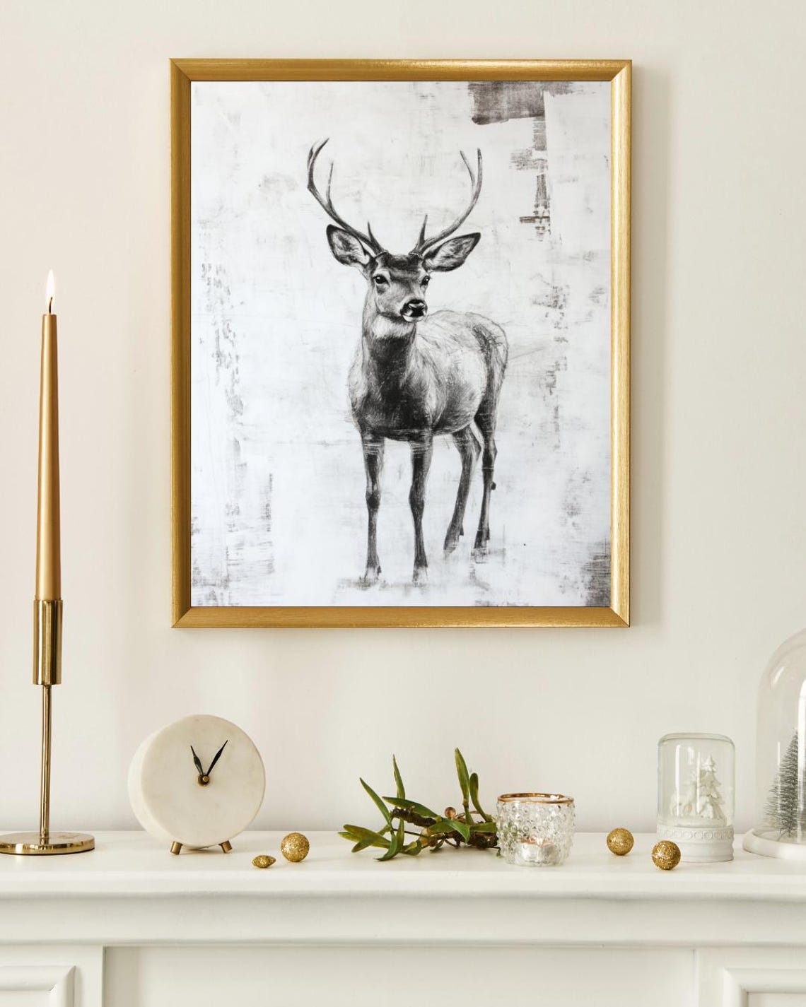 Black White Stag Deer Illustration Rustic Wildlife Sketch Art Print - Image 4