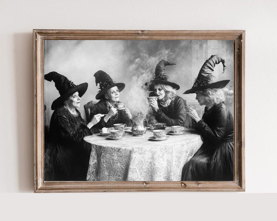 Four Witches Tea Party Vintage Black And White Halloween Poster - Image 3