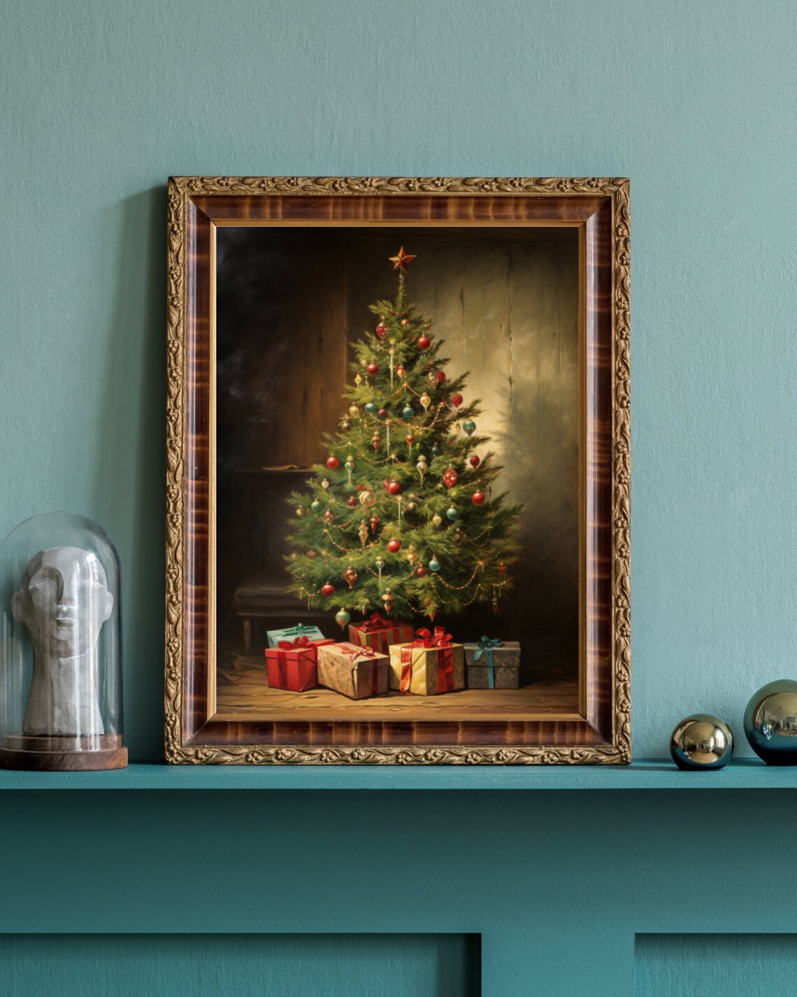 Vintage Christmas Tree With Gifts Ornaments Oil Painting Poster - Image 2