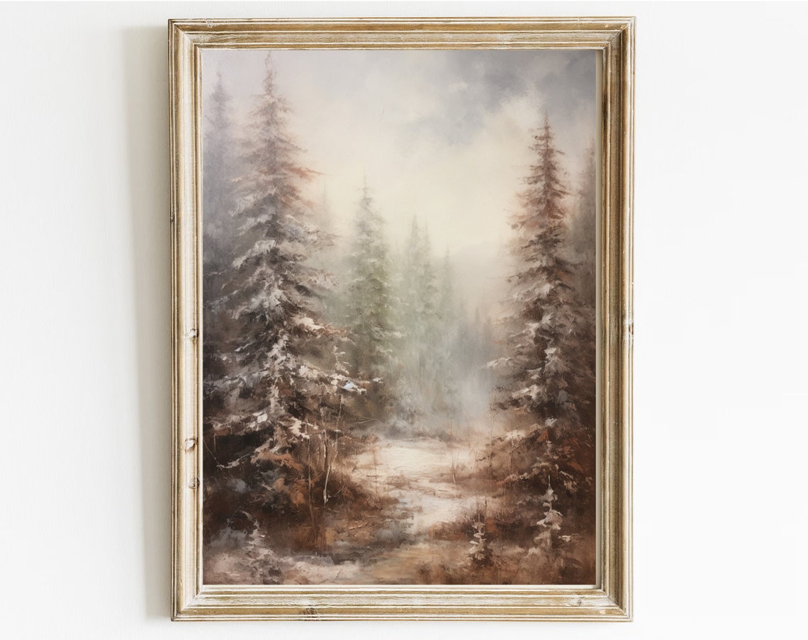 Oil Painting Of Winterforest Impressionistic Vintage Painting Vintage Print Winter Art Holiday Decor Moody Holiday Art - Image 4