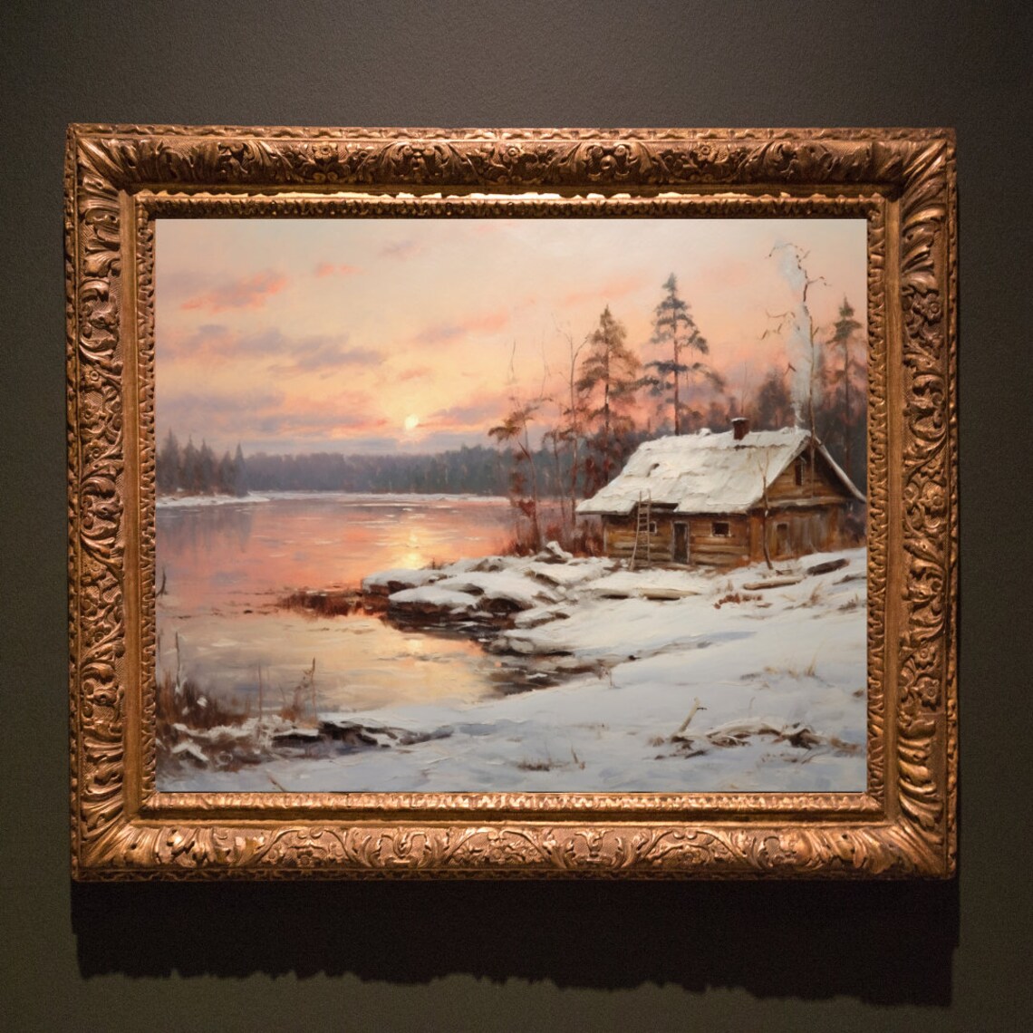 Oil Painting Cottage By The Lake Impressionistic Vintage Moody Winter Painting Lake Print Lake House Decor Print - Image 3