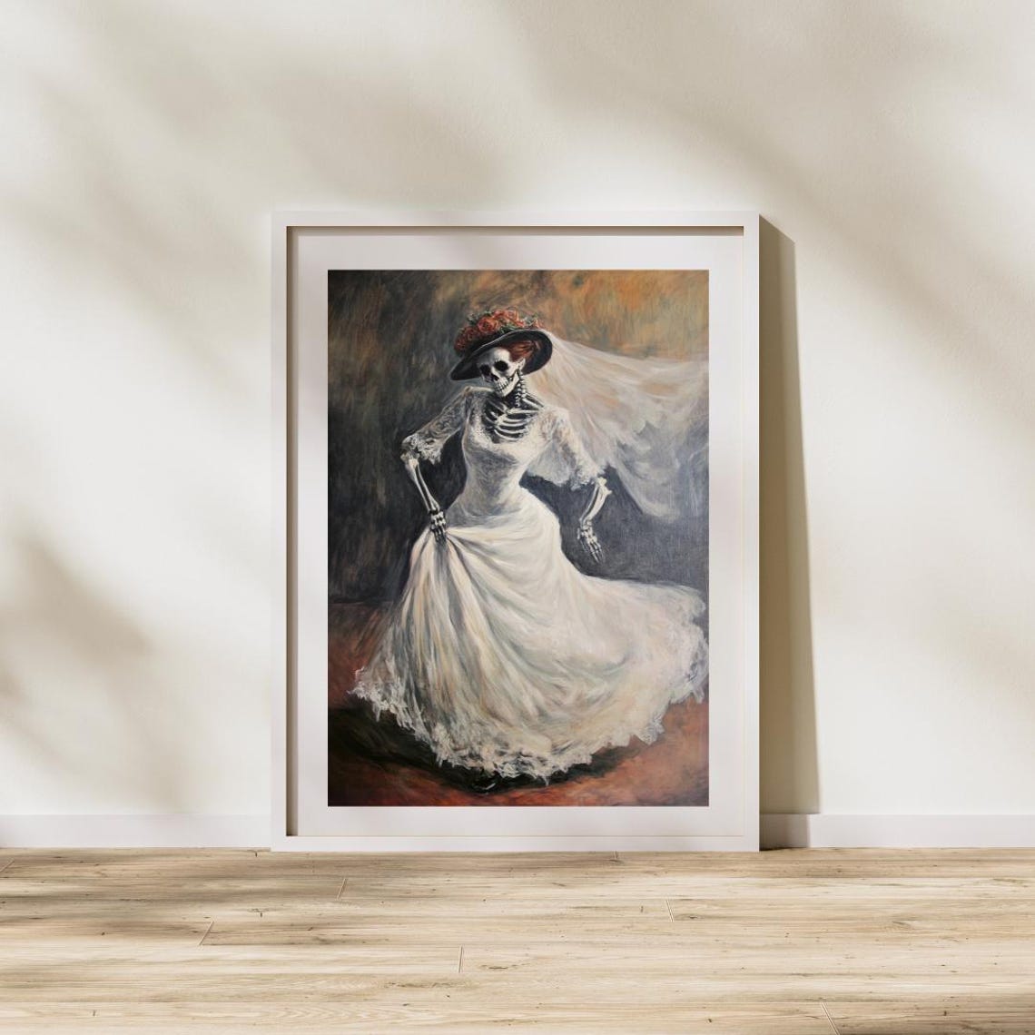 Dancing Skeleton Bride White Veil Rose Hat Halloween Painting Poster - Image 4