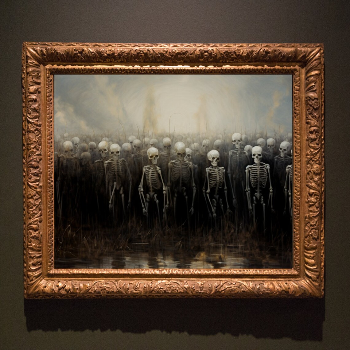 Skeleton Army Misty Field Eerie Oil Painting Dark Halloween Poster