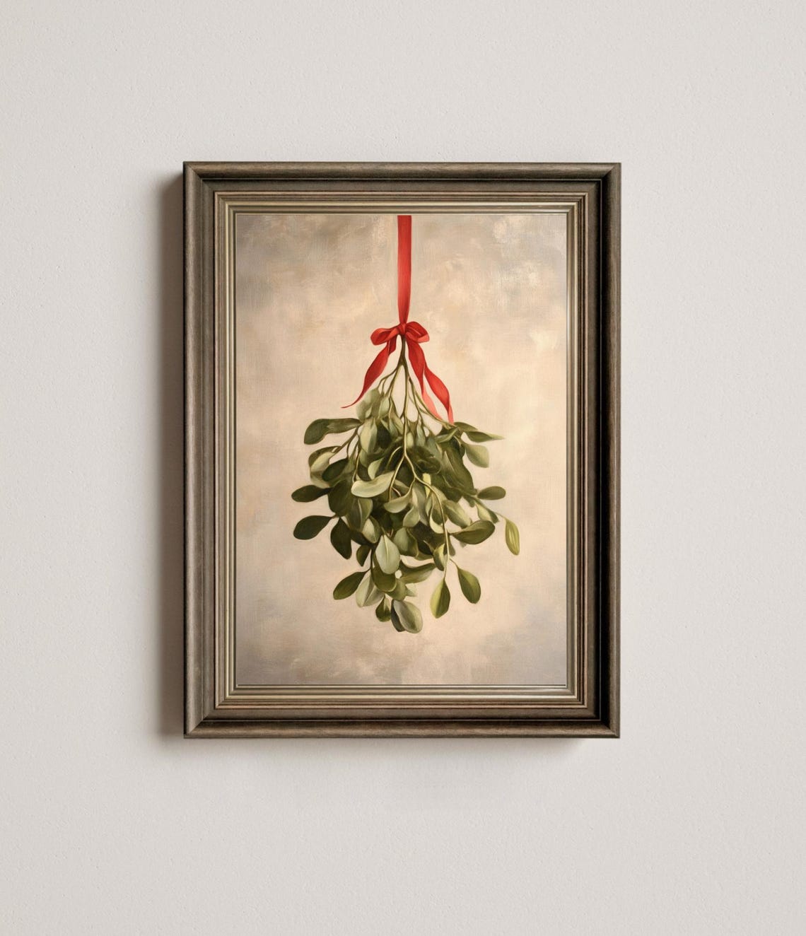 Mistletoe Bunch Red Ribbon Beige Botanical Christmas Art Print - Image 4