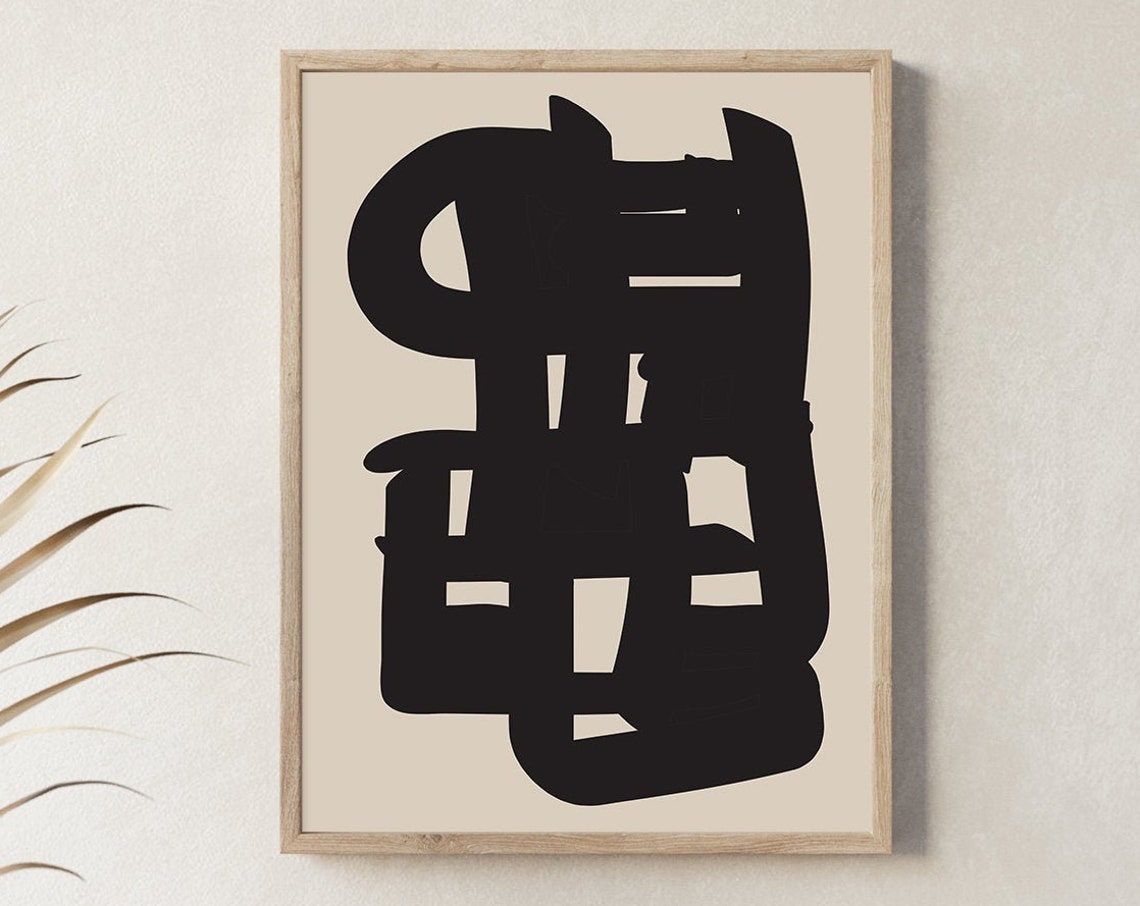 Bold Black Brushstrokes Beige Modern Abstract Painting Wall Art