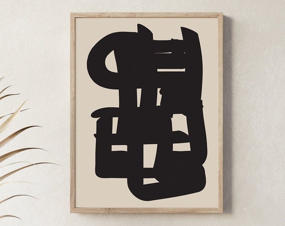 Beige Black Squiggly Print Neutral Wall Art Boho Decor Abstract Print Minimalist Painting Wall Art