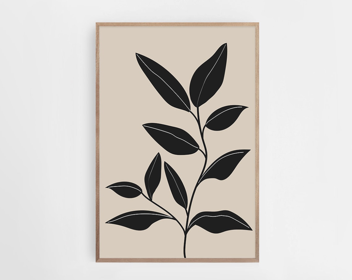 Black Modern Leaf Illustration, Abstract Wall Art Print