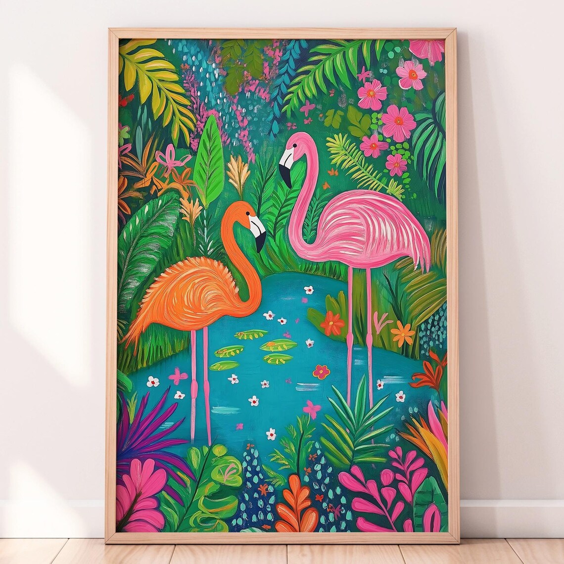 Pink and Orange Flamingos in Lush Tropical Jungle Lagoon Poster
