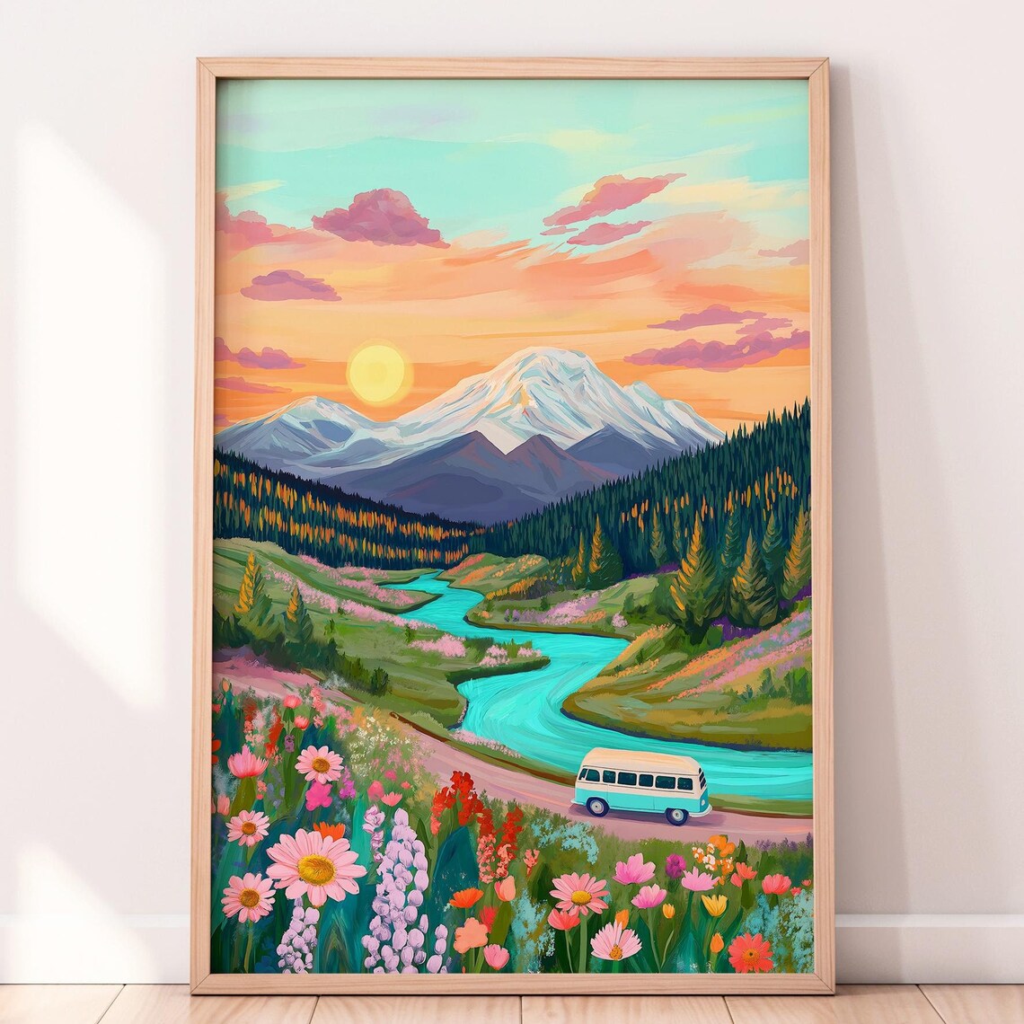 Abstract Mountain Wildflower Valley Camper Van Sunset Art Poster