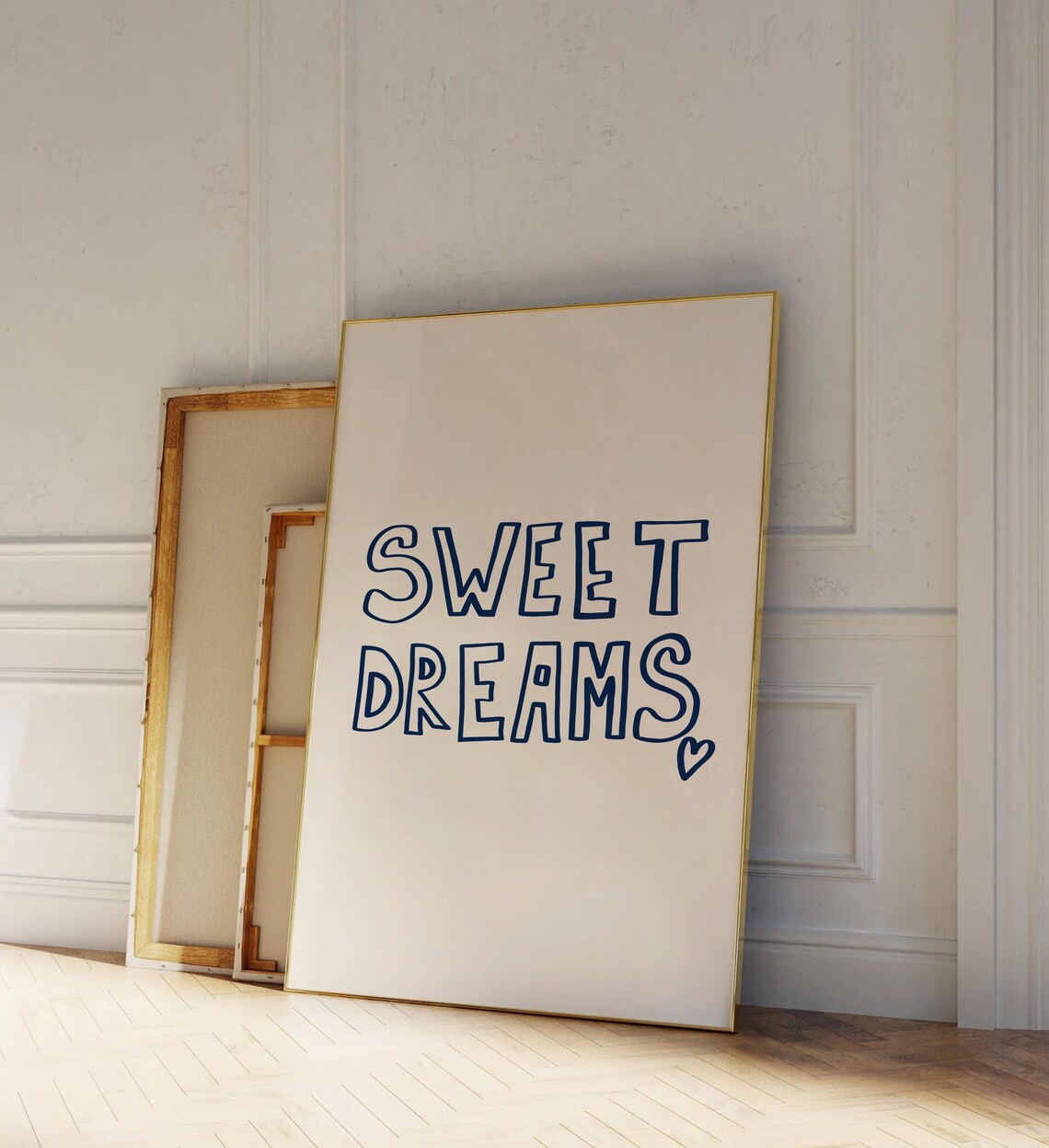 Sweet Dreams Navy Outline With Heart Bedroom Typography Poster - Image 2