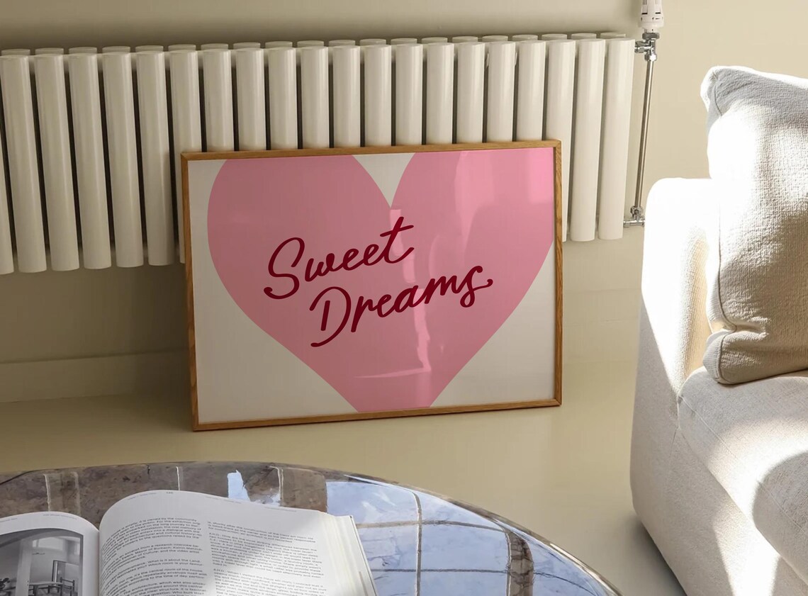 Sweet Dreams Pink Heart Script Quote Cute Bedroom Wall Art Decor - Image 2