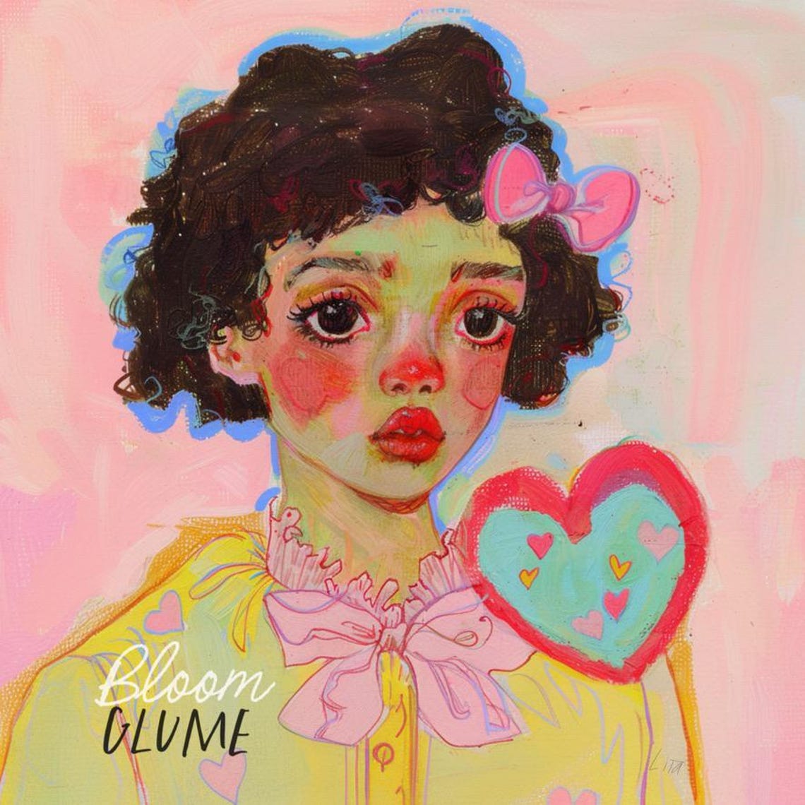 Cute Curly Girl Pink Bow Layered Heart Retro Valentine Art Print