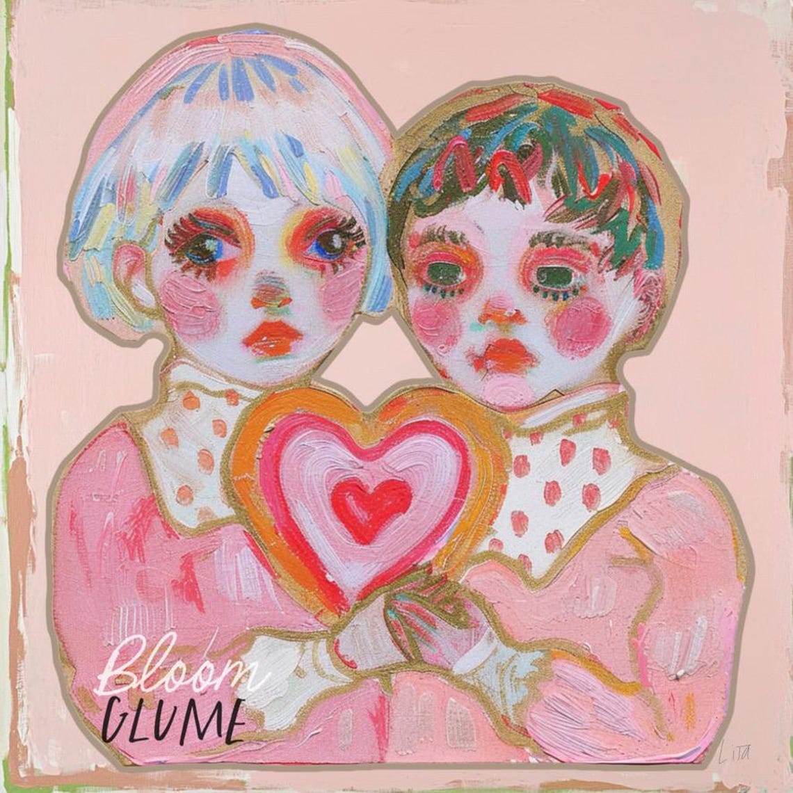 Two Colorful Girls Painted Faces Layered Heart Valentines Art Print