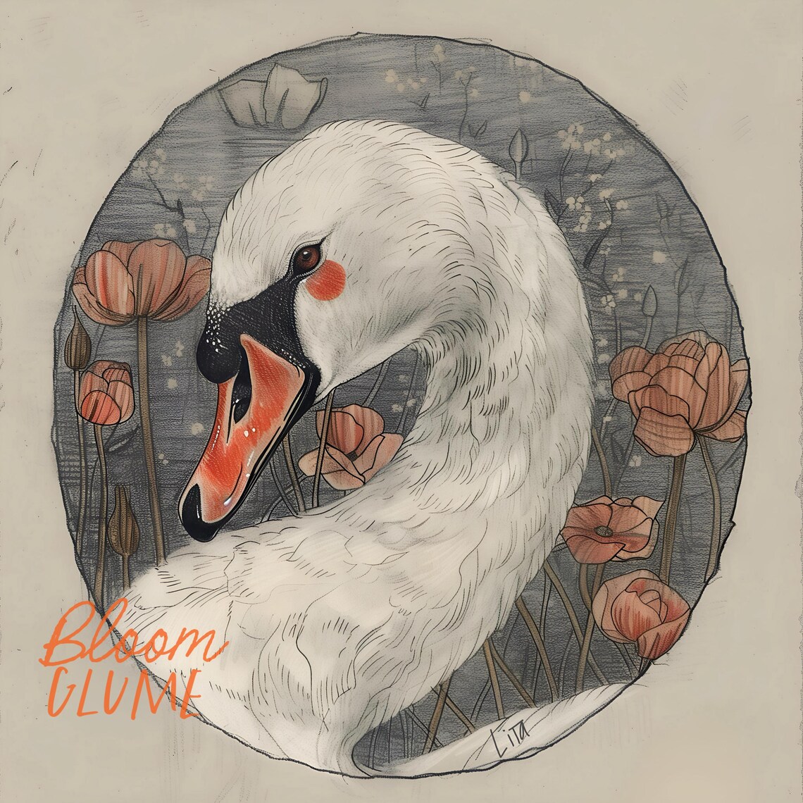 Swan Sketch White Swan Portrait Poppy Flowers Wildlife Art Print - Image 2