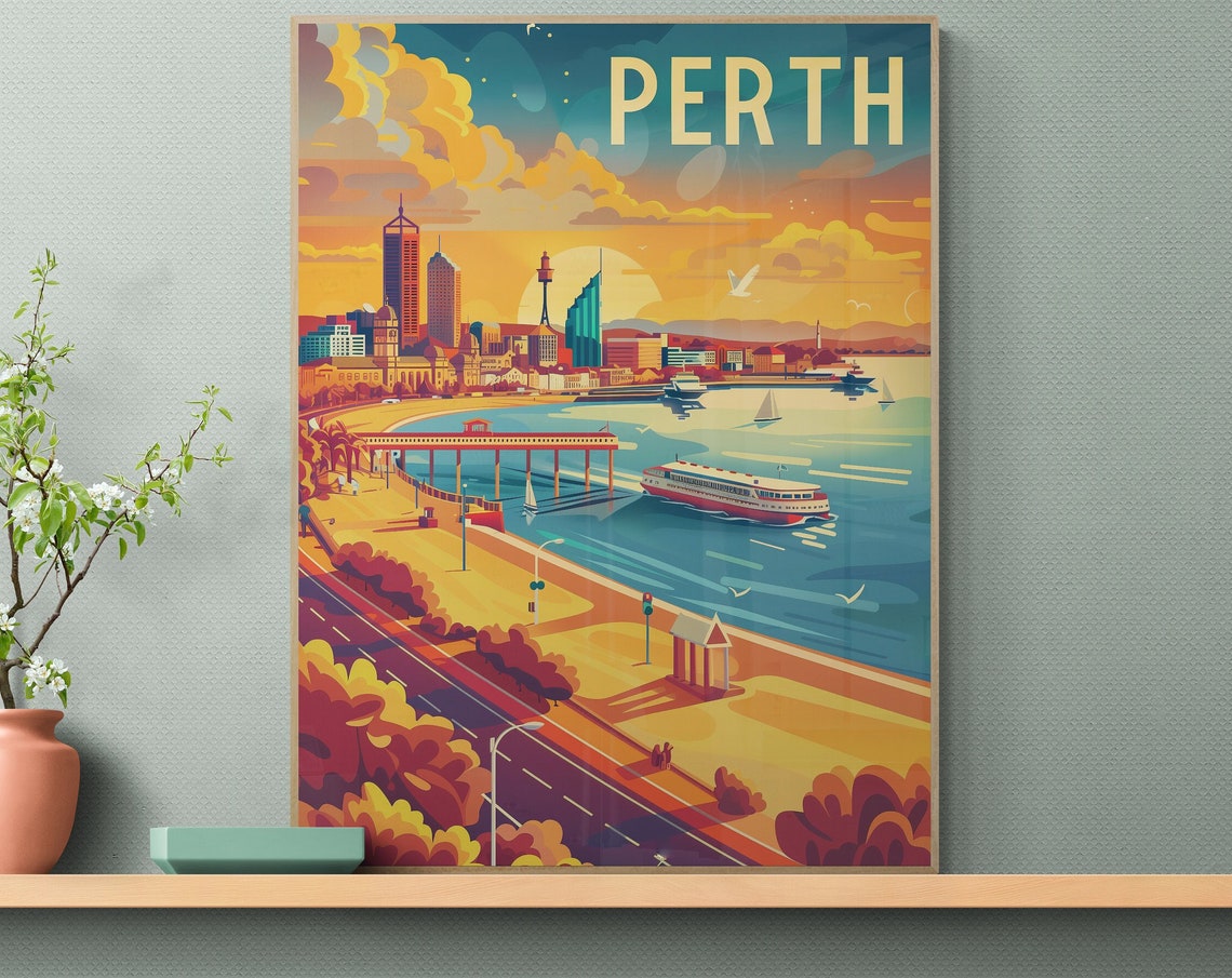 Perth Waterfront Sunset Ferry and Pier Vintage Travel Poster - Image 3