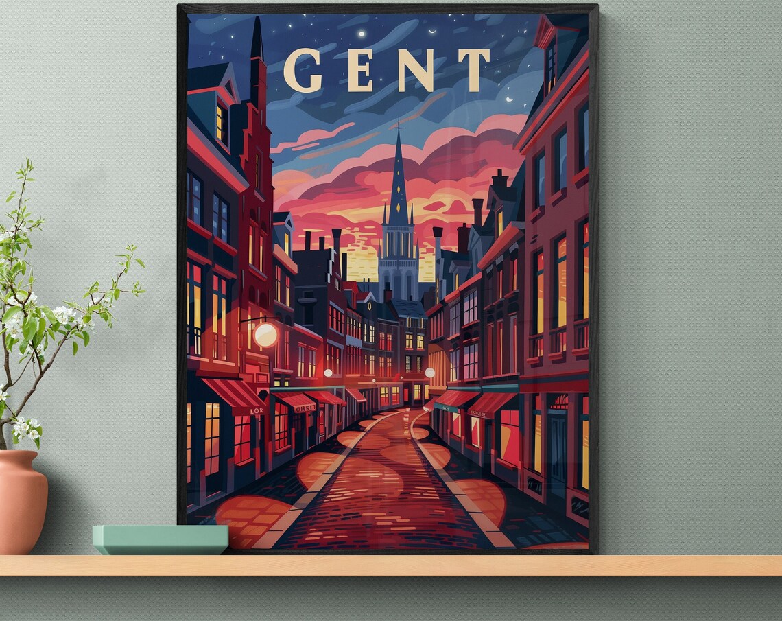 Ghent Belgium Night Street Old Town Church Tower Sunset Travel Poster - Image 4