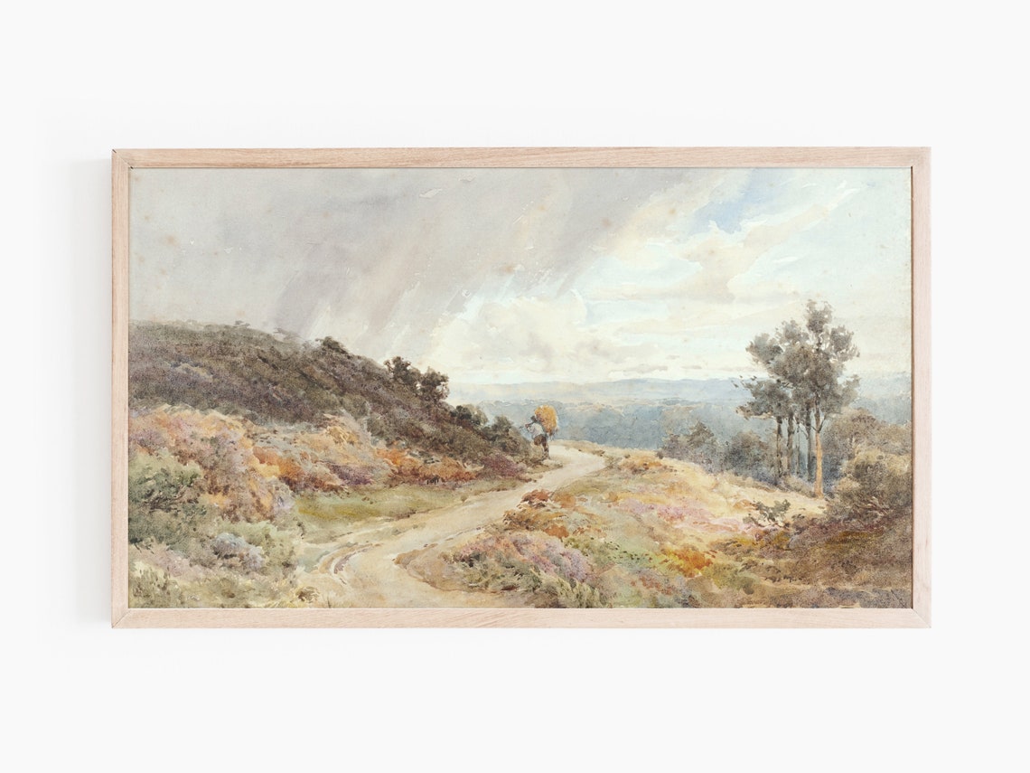 Winding Country Road Watercolor Heather Hills Cloudy Sky Print - Image 2