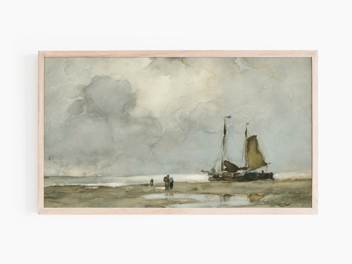 Vintage Beach Painting, Ship Art - Image 3