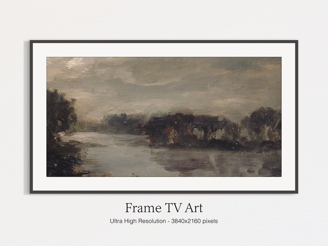Dark River Bend with Bare Trees Moody Vintage Landscape Art Print - Image 4