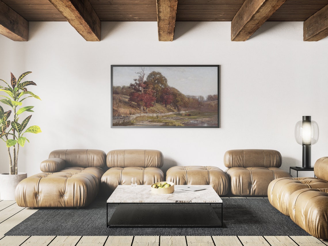 Autumn Hillside Red Trees Stone Wall Cattle Meadow Landscape Print - Image 3