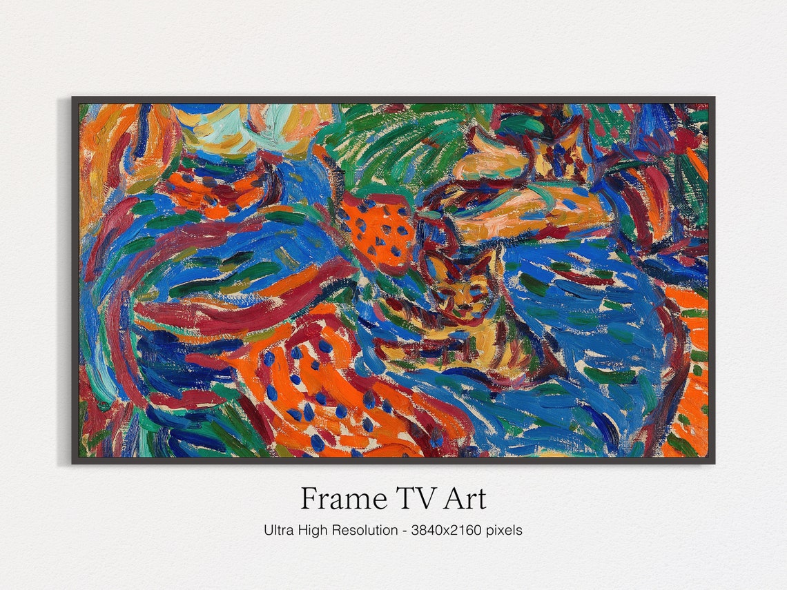 Fauvist Cat Painting Two Cats Blue Orange Swirls Wall Art Print