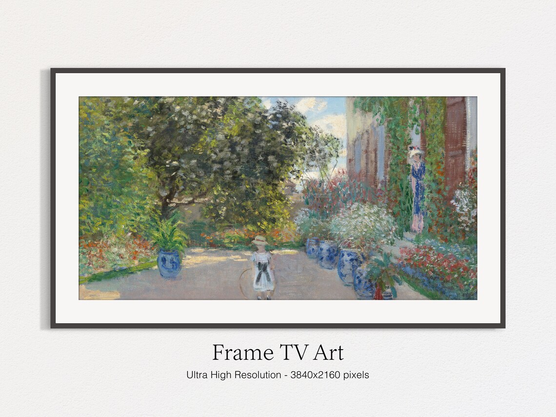 Sunlit Flower Garden Child With Hoop Blue Pots Cottage Scene Art Print - Image 4