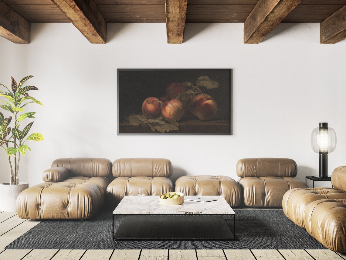 Ripe Peaches Still Life Dark Background Classic Oil Painting Art Print - Image 3