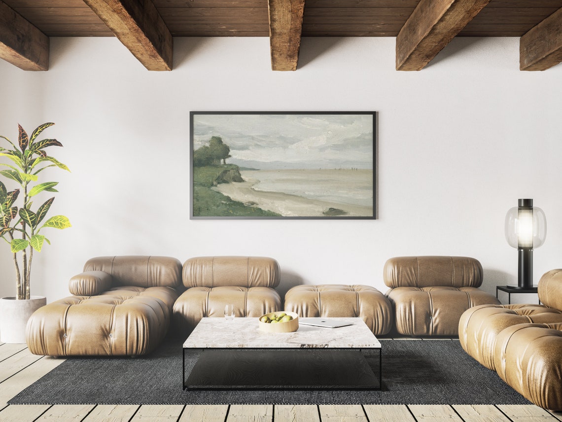 Serene Neutral Coastal Painting Green Cliffs Beach Seascape Wall Art - Image 4