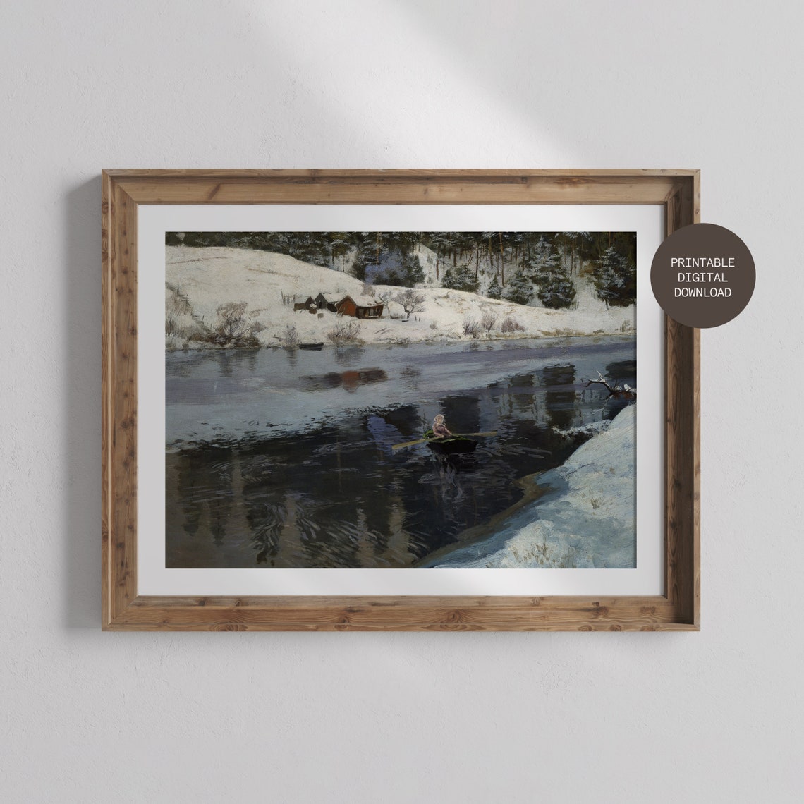 Lone Rower Winter River Snowy Cabins Vintage Landscape Print - Image 3