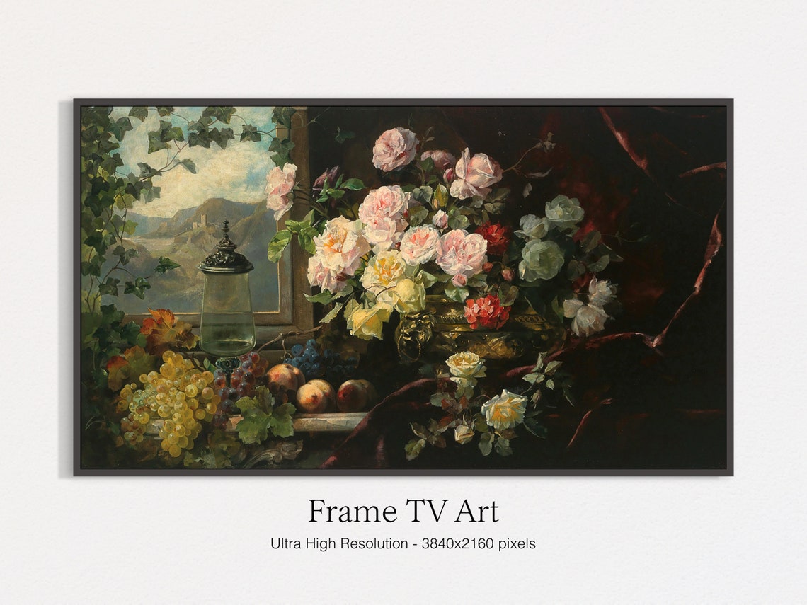 Opulent Roses Grapes Still Life Painting Vintage Floral Wall Art Print
