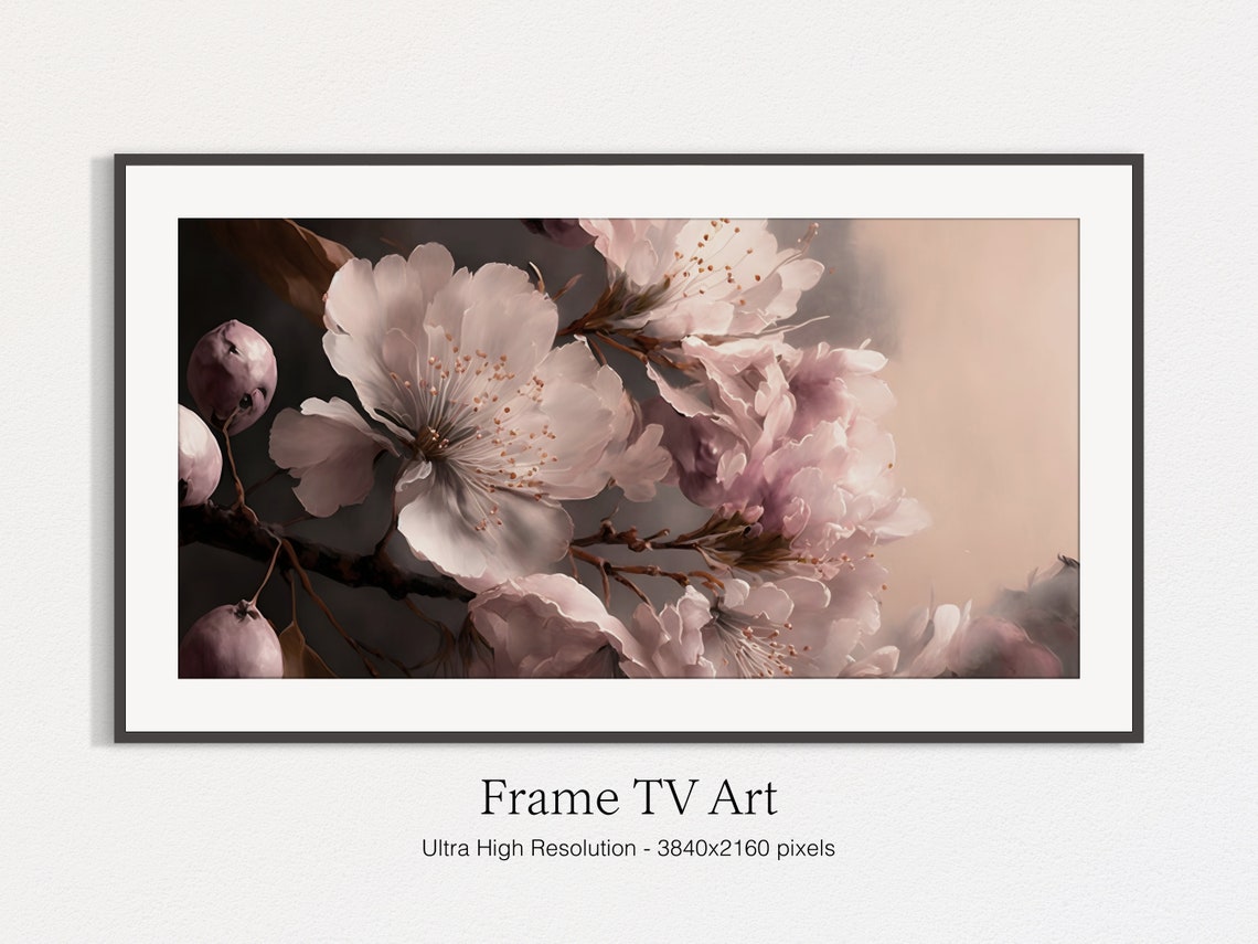 Blush Cherry Blossoms Close Up On Branch Moody Botanical Art Print - Image 5