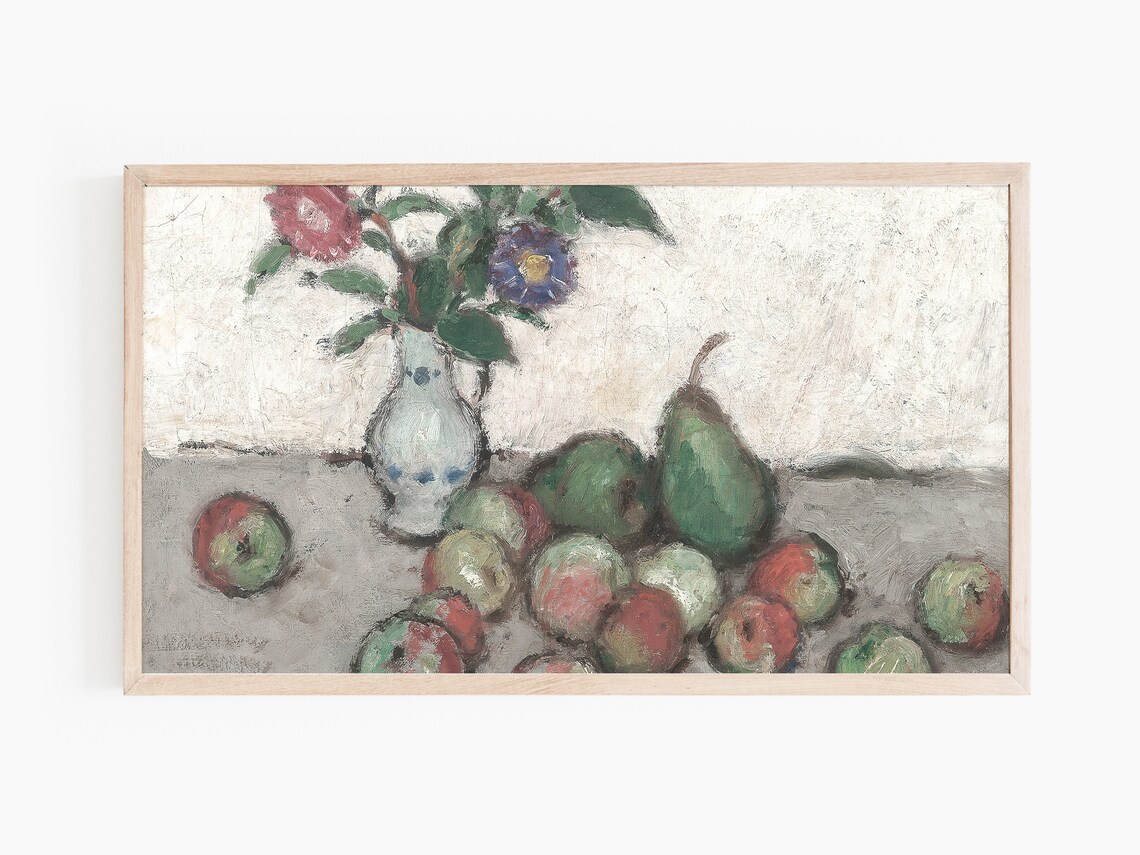 Vintage Still Life Oil Painting White Vase Flowers Pears Apples Poster - Image 2
