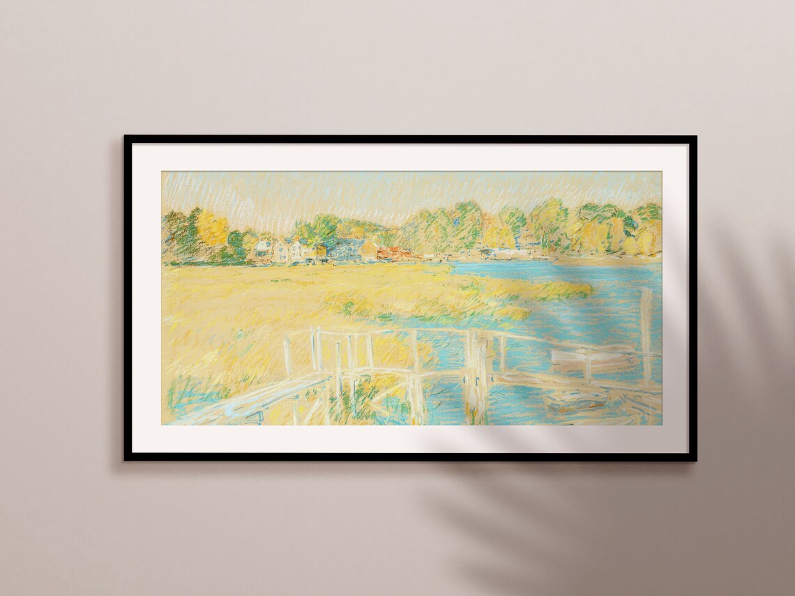 Salt Marsh Dock with Boats in Soft Light Vintage Pastel Art Print - Image 2