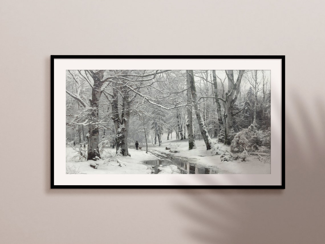 Moody Snowy Birch Forest Winter Walk Frozen Stream Landscape Print - Image 2