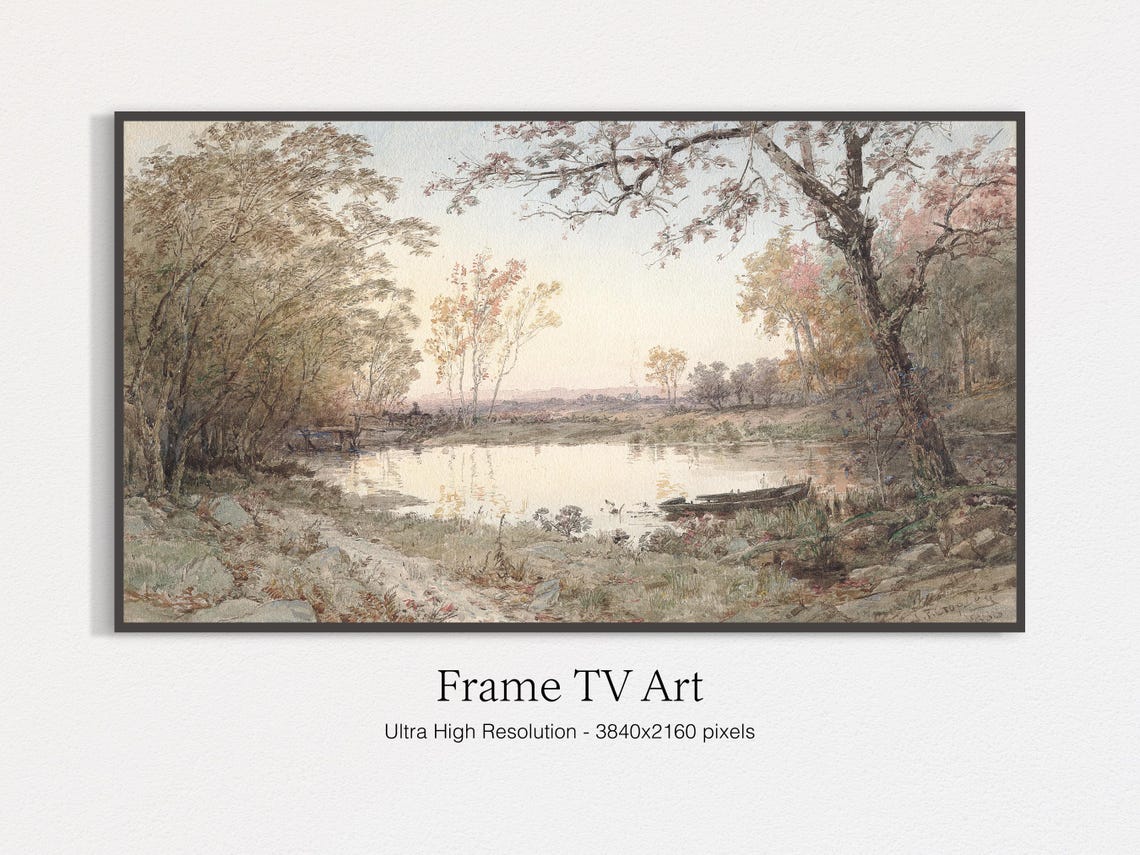 Autumn Pond Reflections Pink Amber Fall Trees Canoe Painting Poster