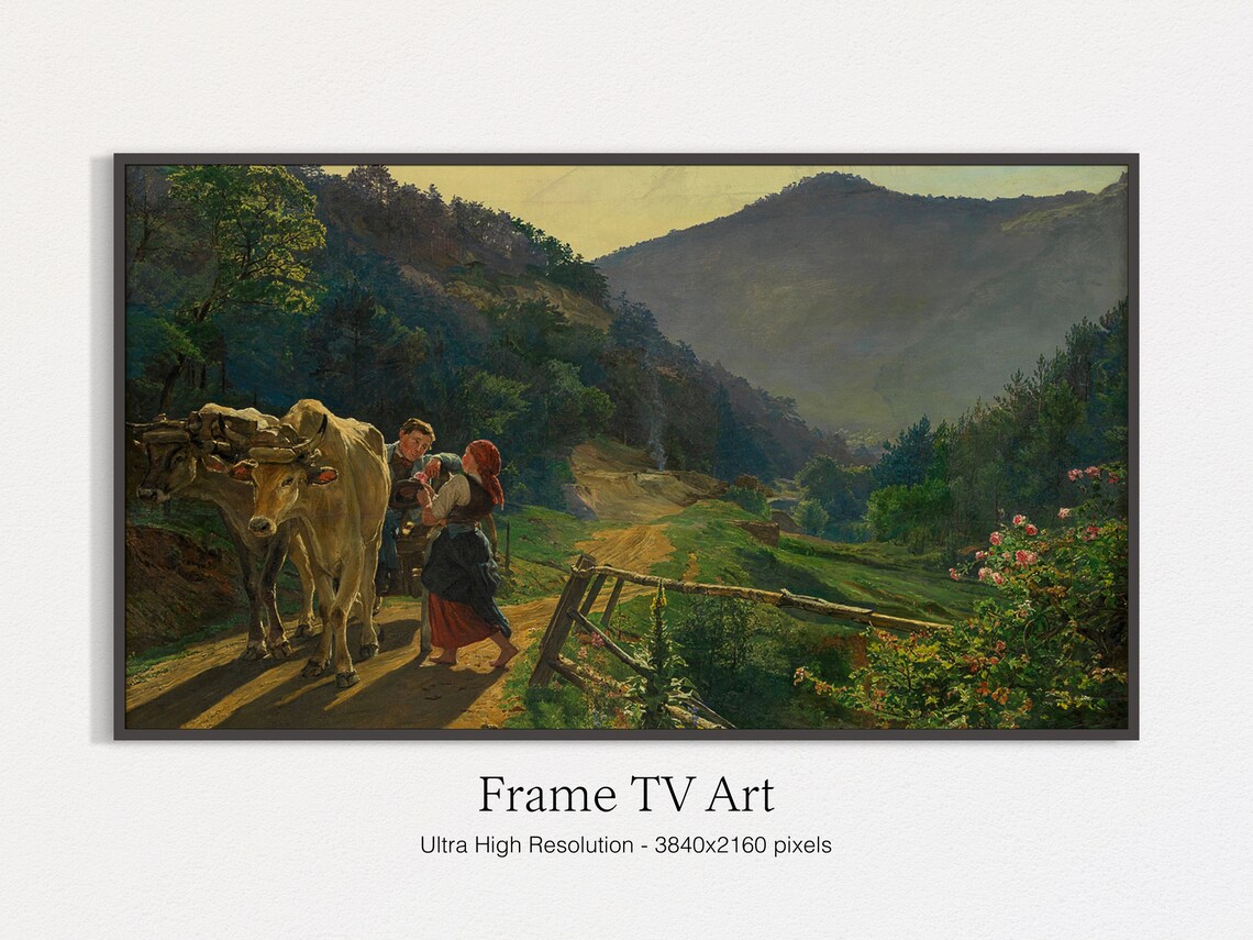 Ox Cart Mountain Road Vintage Painting Alpine Countryside Wall Art