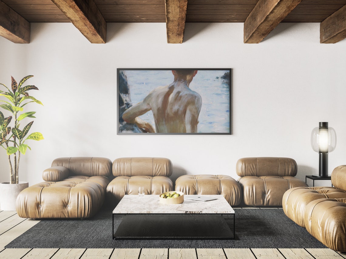 Young Swimmer In Sunlit Sea Back View Impressionist Beach Art Print - Image 3