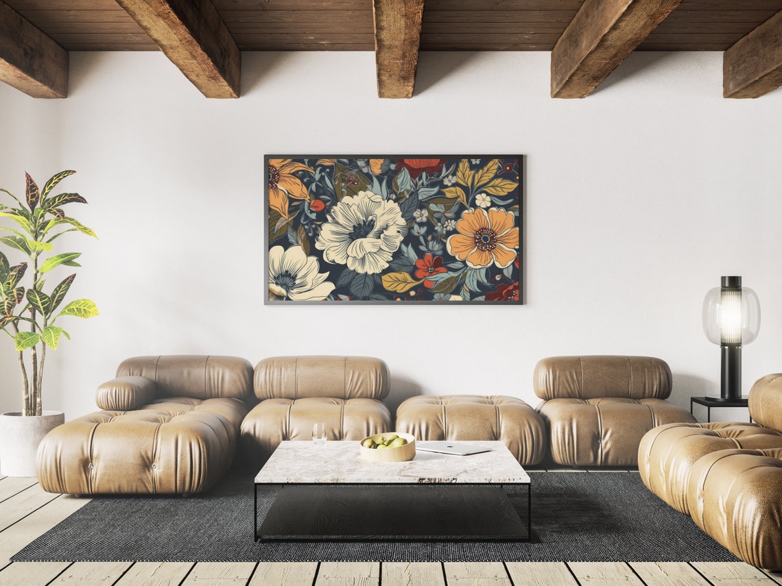 Bold Floral Pattern Orange Cream Flowers On Navy Background Art Print - Image 4