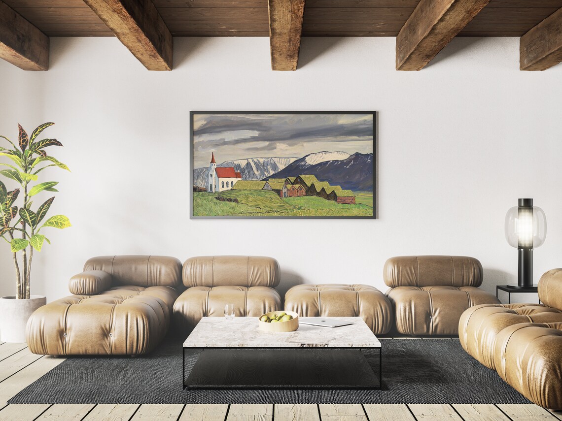 Icelandic Village Church Turf Houses Mountain Landscape Travel Poster - Image 4