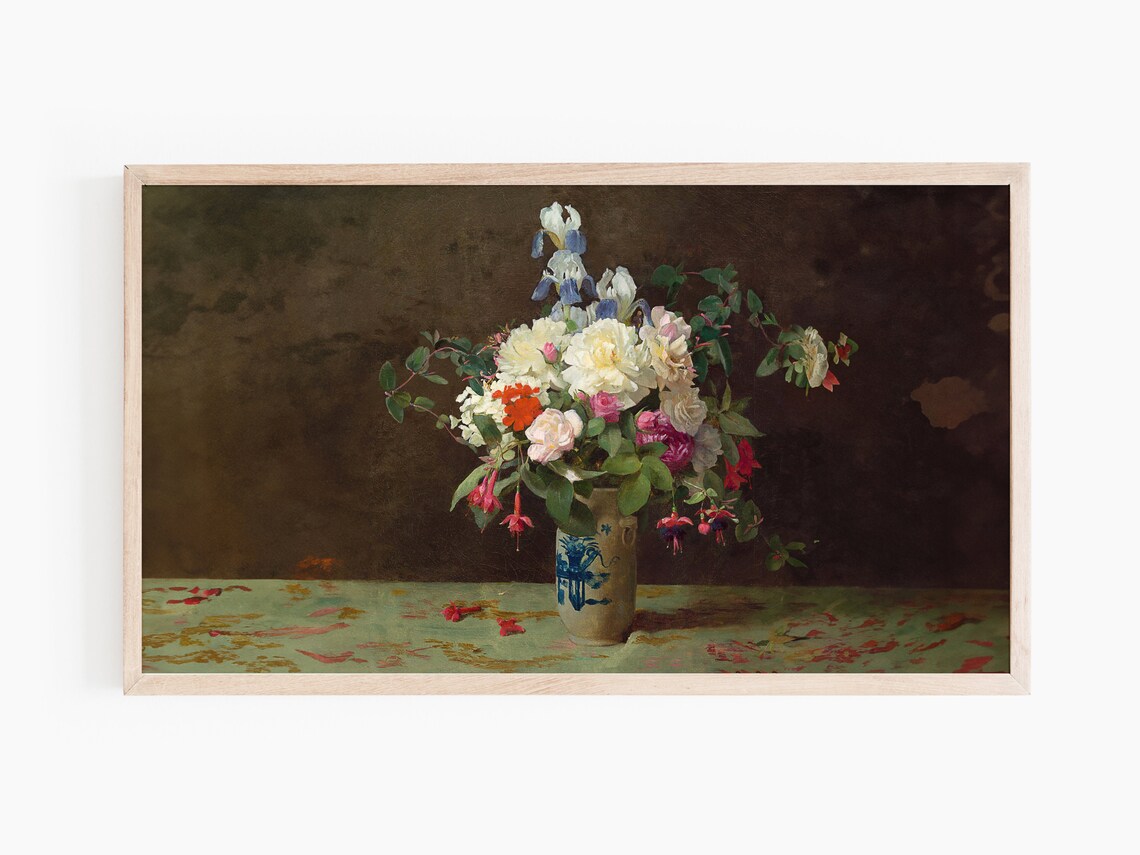 Vintage Flower Bouquet in Blue and White Vase Oil Painting Art Print - Image 3
