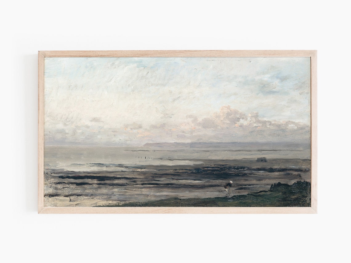 Muted Gray Seascape with Shoreline Waves Vintage Coastal Art Print - Image 2